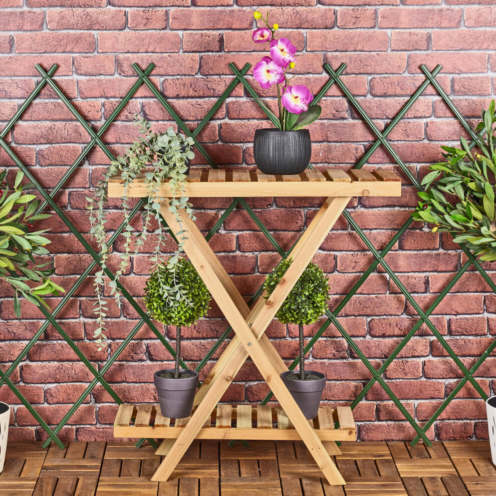 Brown 2 Tier Wooden Shelf Standing Flower Plant Decoration Display Rack