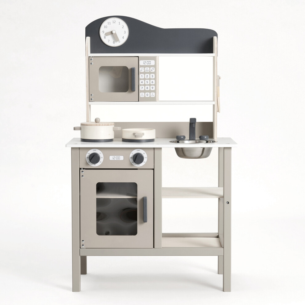 Small Wooden Play Kitchen with Utensils - Warm Grey 