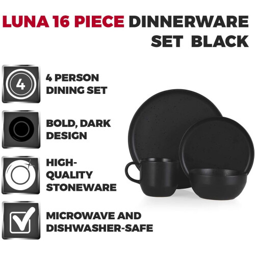 Tower Tower BO867005BLK Luna 16 Piece Dinnerware Set, Matte Black Speckle 1