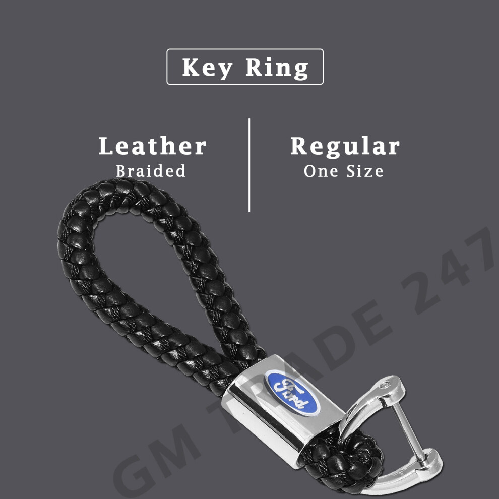 FORD BRAIDED BLACK PU LEATHER METAL KEYRING KEYCHAIN KEY FOB CAR KEYS