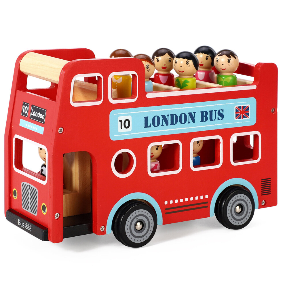 SOKA Wood Wooden Double Decker Red London Bus with Figurines