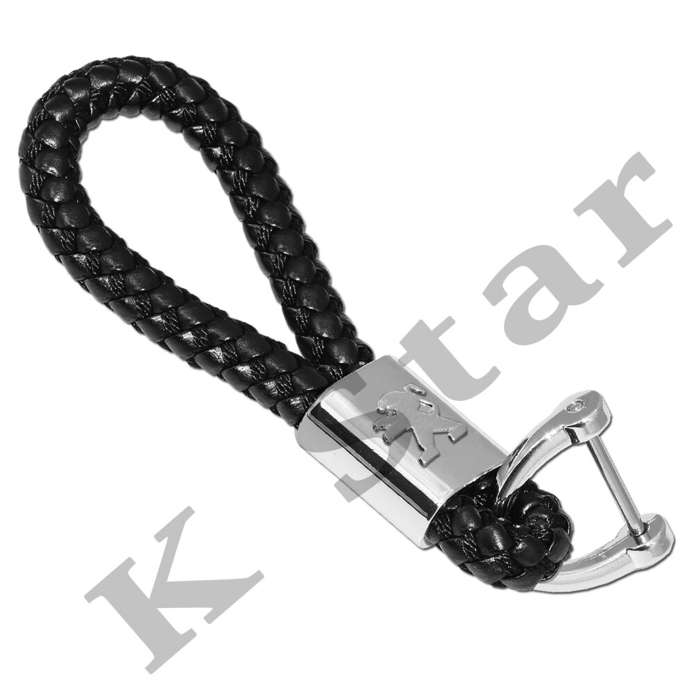 PEUGEOT BRAIDED BLACK PU LEATHER METAL KEYRING KEYCHAIN KEY FOB CAR KEYS