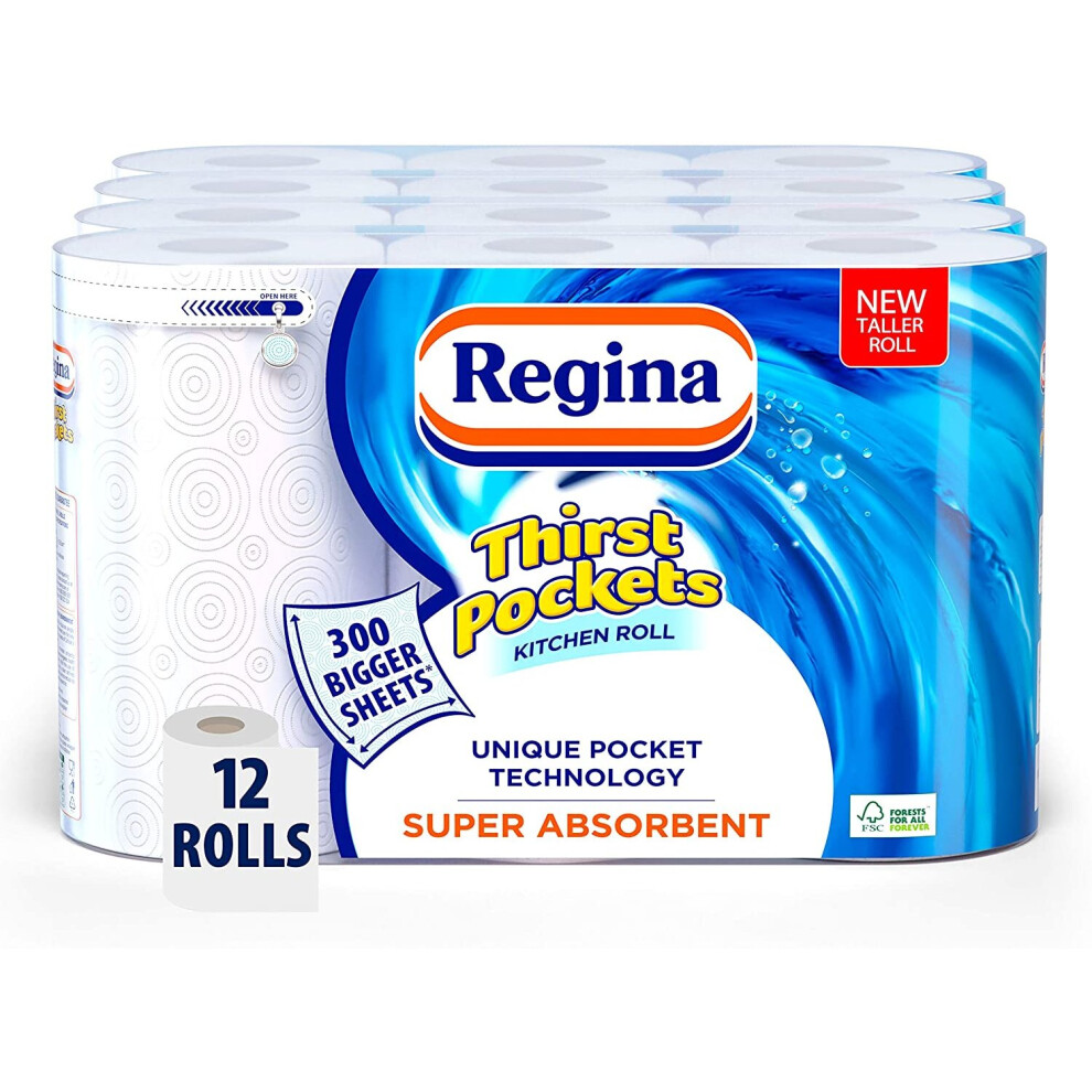 Regina Thirst Pockets Kitchen Roll, 12 Rolls Bundle