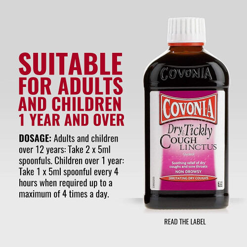 Covonia Dry and Tickly Cough Linctus Syrup, Sore Throat Relief, Non