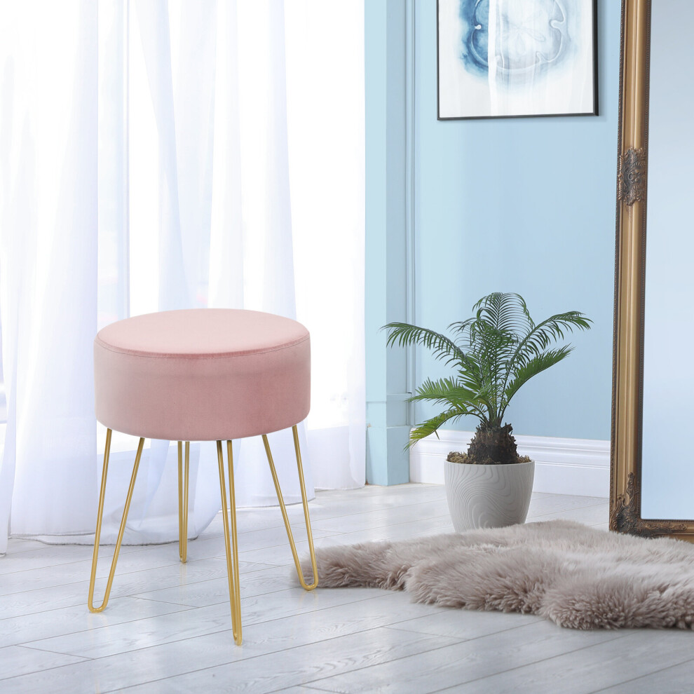 Velvet Round Footstool Upholstered Dressing Table Stool with Metal Leg