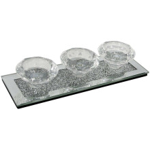 Crystal Glass Tealight Candle Holder for 3 Candles - Mirrored Edge, Crushed Diamond Effect, Non-Slip Base