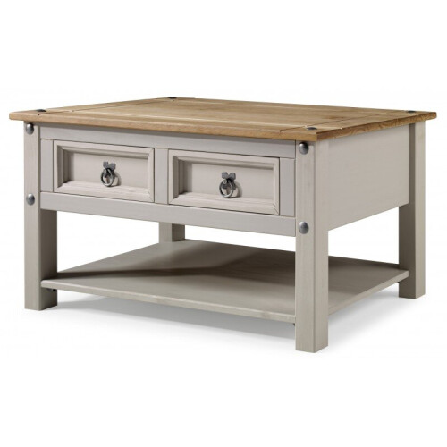 Mercers Furniture Corona Grey Wax 2-Drawer Coffee Table: Solid Pine, Hand-Waxed Grey Finish with Metal Handles 1