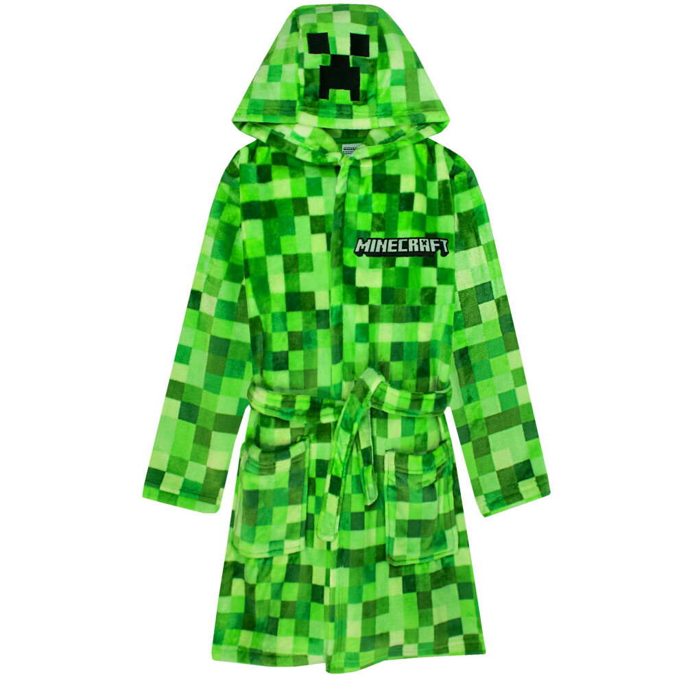 (11-12 Years) Minecraft Creeper Dressing Gown For Boys & Girls | Kids Green Soft Bathrobe With Creeper Face Hood | Teens & Children's Nightwear Robe