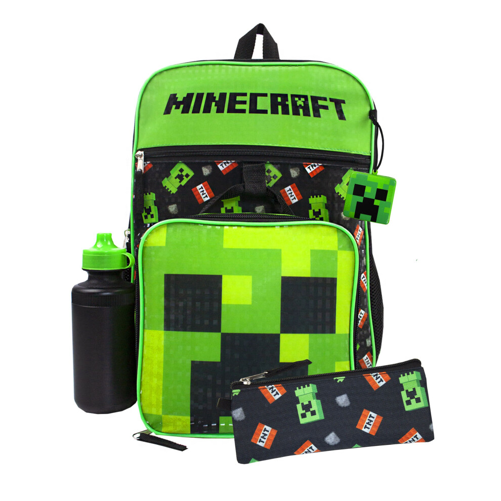 Minecraft Creeper Backpack | Creeper TNT 5 Piece Set | Gamer School Rucksack Lunch Box Pencil & Case Bottle One Size