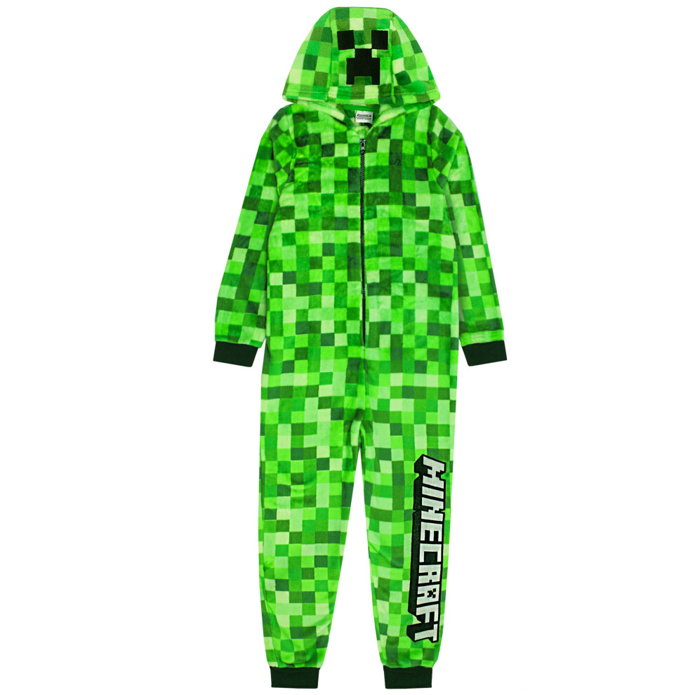 (9-10 Years) Minecraft Creeper Onesie For Boys & Girls | Kids Green Soft Pixelated Sleepsuit with Creeper Face Hood | Children's Gamer All In One Pyja