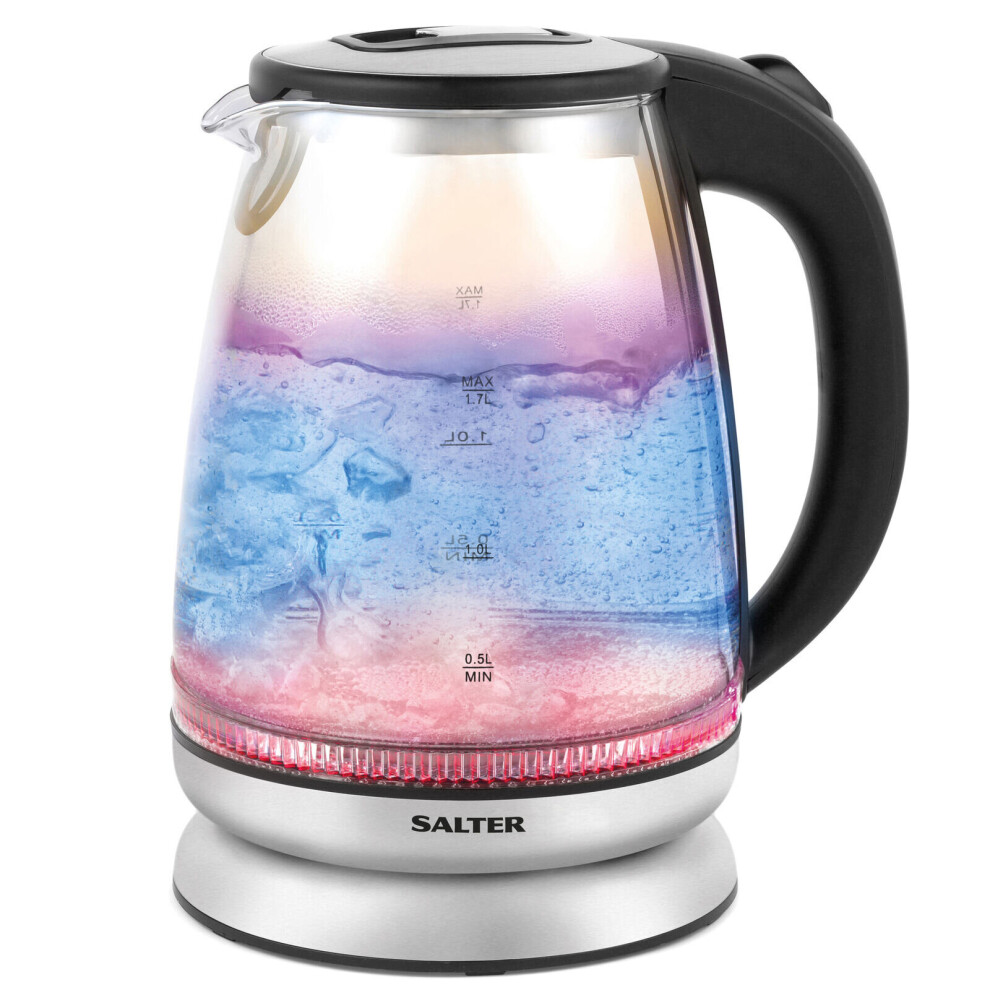 Salter Glass Cordless Electric Kettle Iridescent Colour Changing Blue Red 1.7L