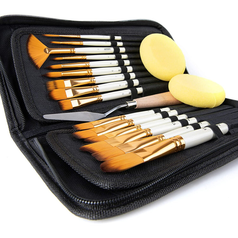 Artify 15 pcs Paint Brush Set for Acrylic Oil Watercolor Gouache Painting Includes Pop-up Carrying Case with Palette Knife and 2 Sponges, Pe