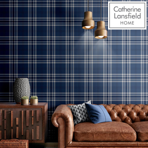 Catherine Lansfield Catherine Lansfield Kelso Navy Checked Wallpaper Contemporary Chequered Design 1