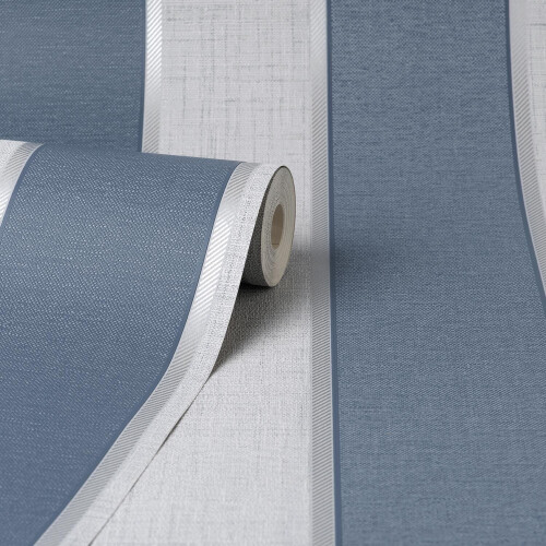 Fine Decor Larson Stripe Wallpaper Fine Décor Textured Vinyl Metallic Navy Silver 1