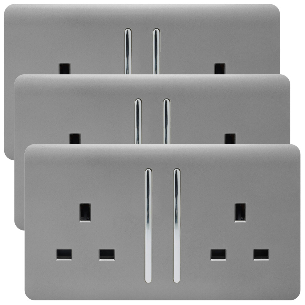 Trendi 2 Gang Artistic Modern Glossy 13 Amp Switched  Plug Socket Light Grey (3 Pack)