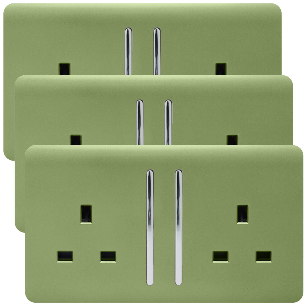 Trendi 2 Gang 13 Amp Long Switched Plug Socket Moss Green (3 Pack)