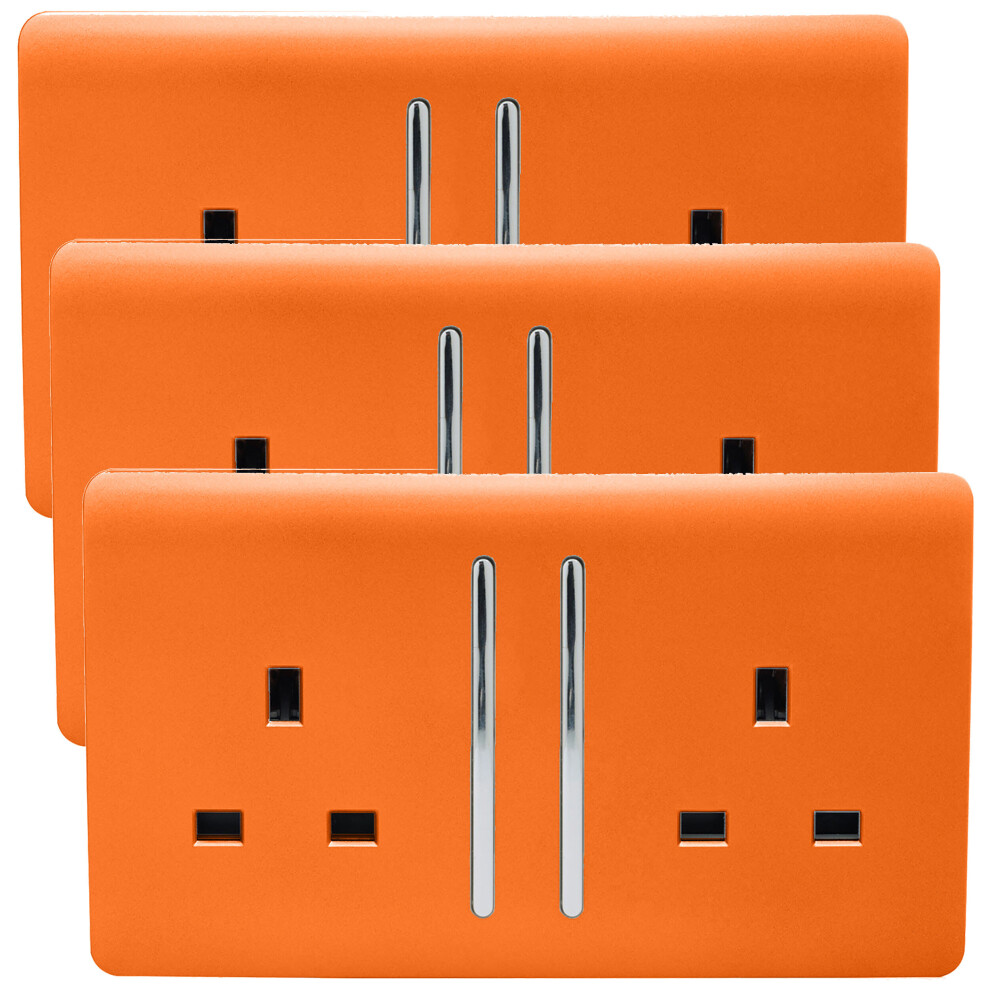 Trendi 2 Gang Modern 13 Amp Switched Plug Socket Orange (3 Pack)