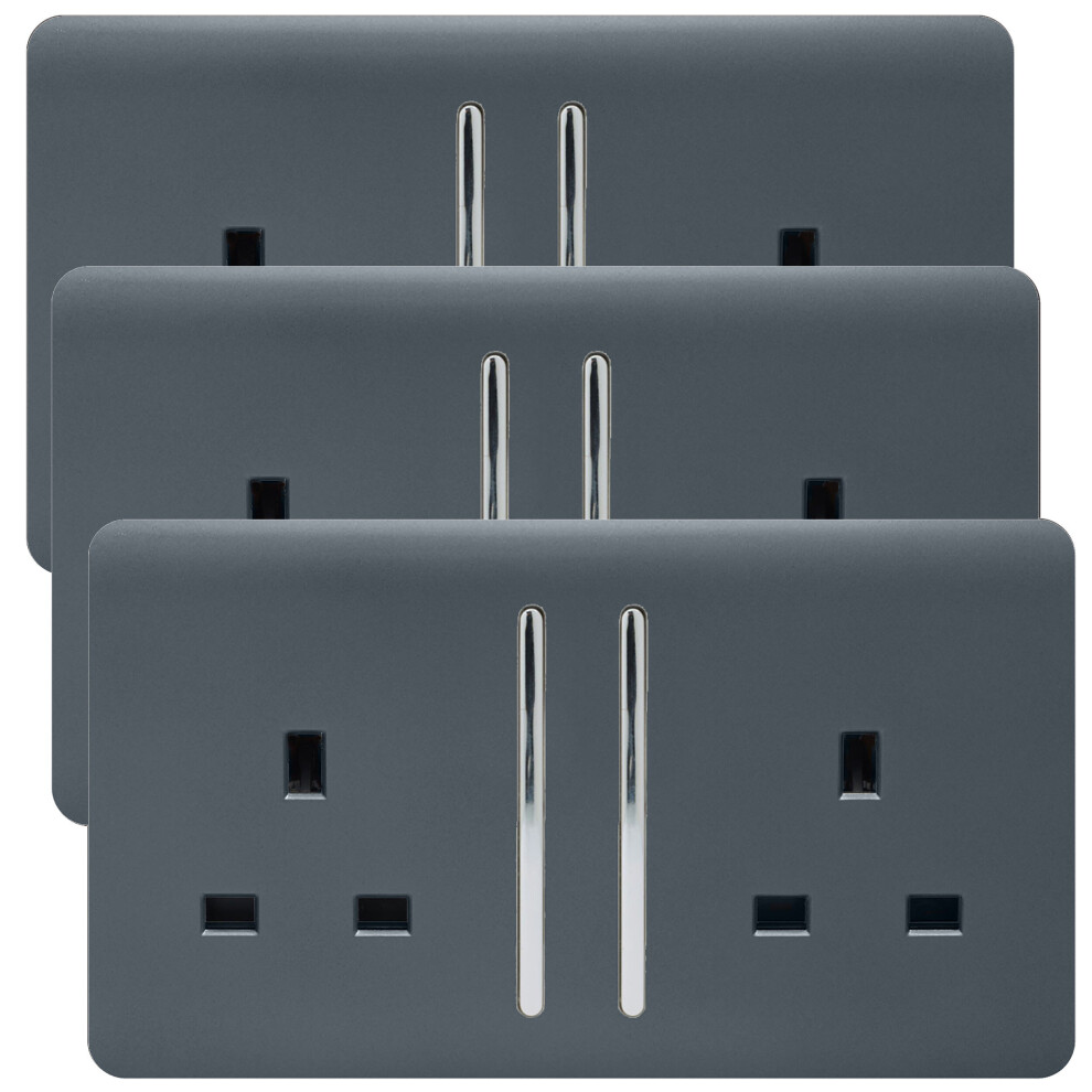 Trendi 2 Gang Modern Glossy 13 Amp Plug Socket Warm Grey (3 Pack)