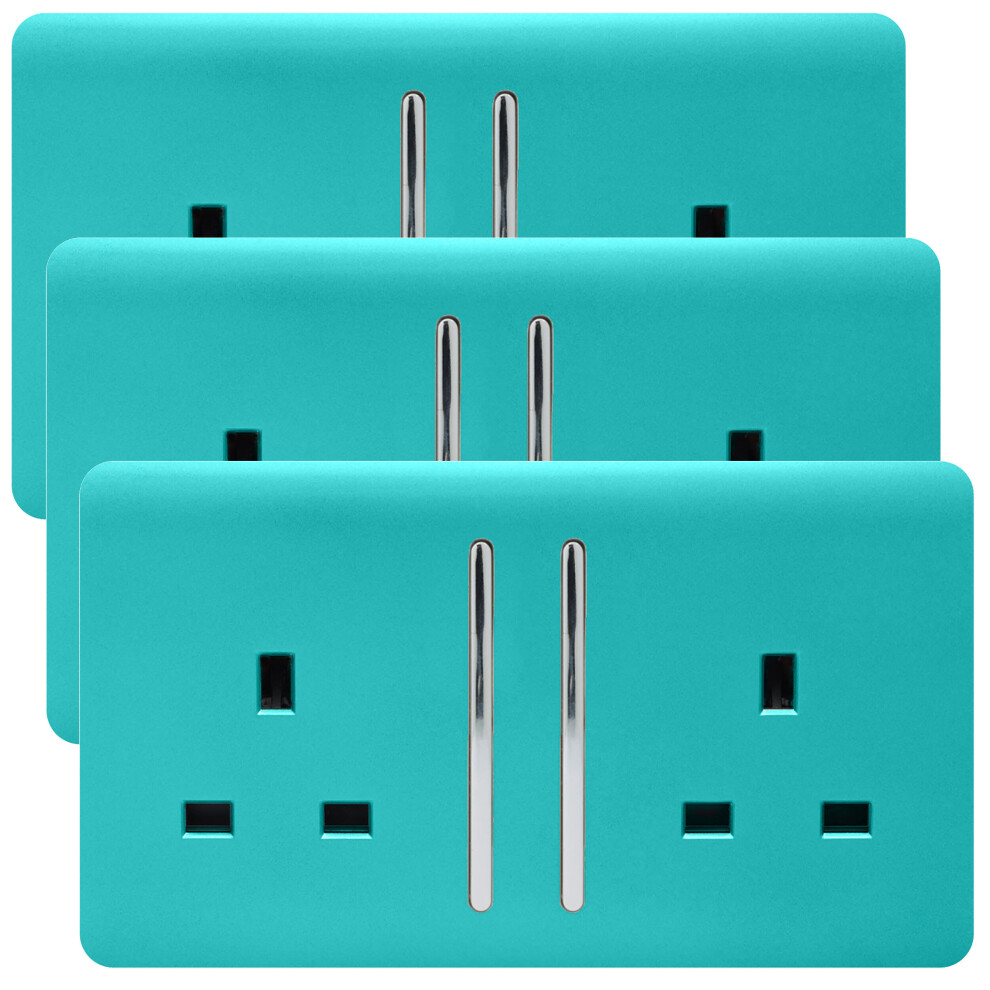 Trendi 2 Gang Artistic Modern Glossy 13 Amp Switched  Plug Socket Bright Teal (3 Pack)