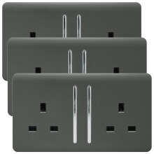 Trendi 2 Gang Artistic Modern Glossy 13 Amp Switched Plug Socket Charcoal (3 Pack)