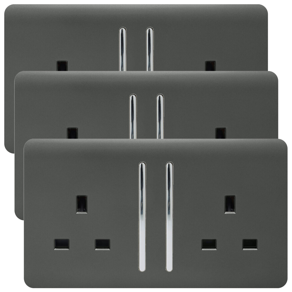 Trendi 2 Gang Artistic Modern Glossy 13 Amp Switched  Plug Socket Charcoal (3 Pack)