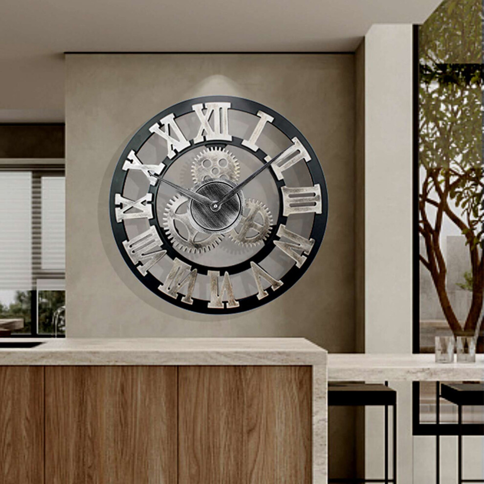 60Cm Extra Large Roman Numerals Skeleton Wall Clock Open Face Round Silver/Black