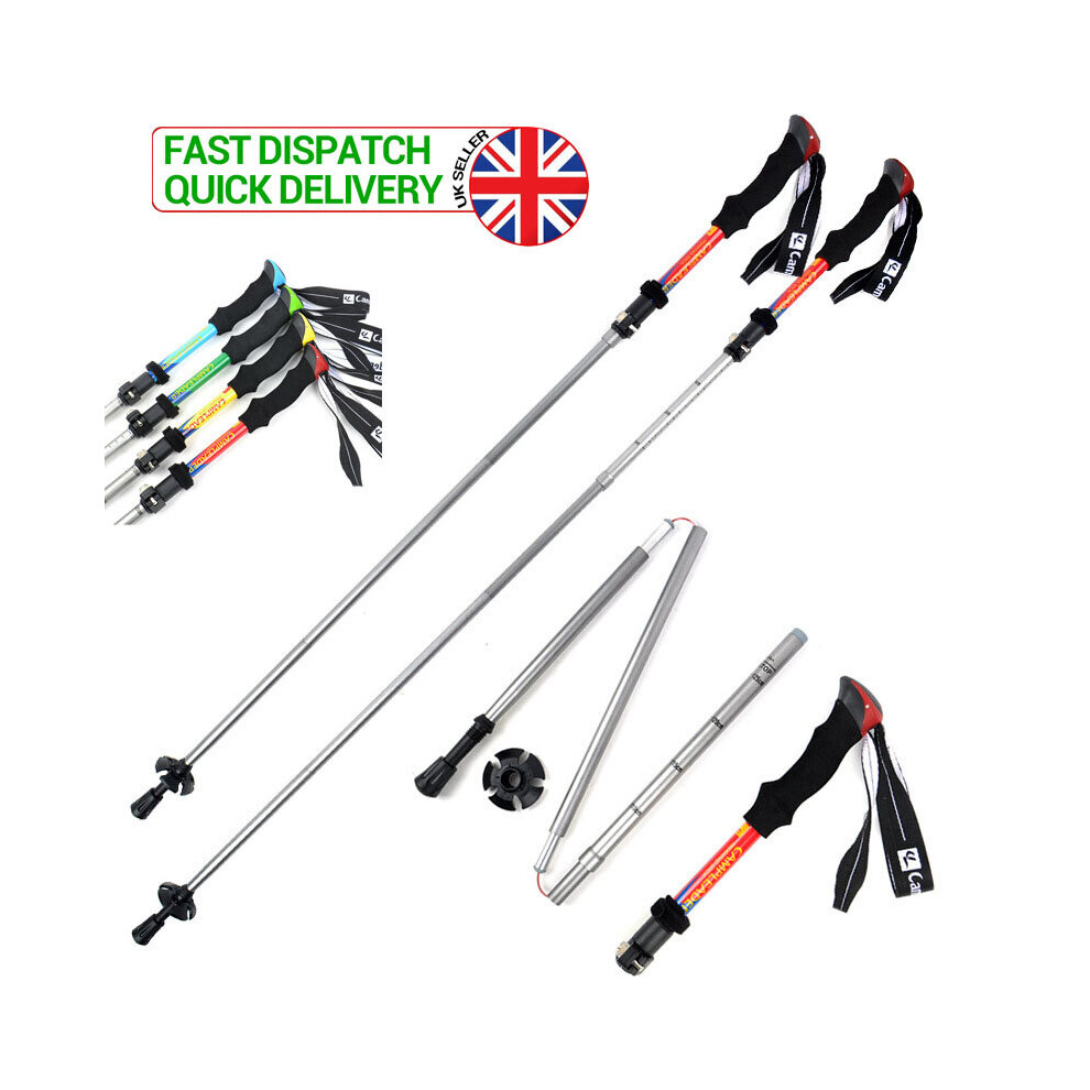 (Red) Foldable Anti Shock Nordic Walking Sticks Telescopic Cane Hiking Trekking Poles