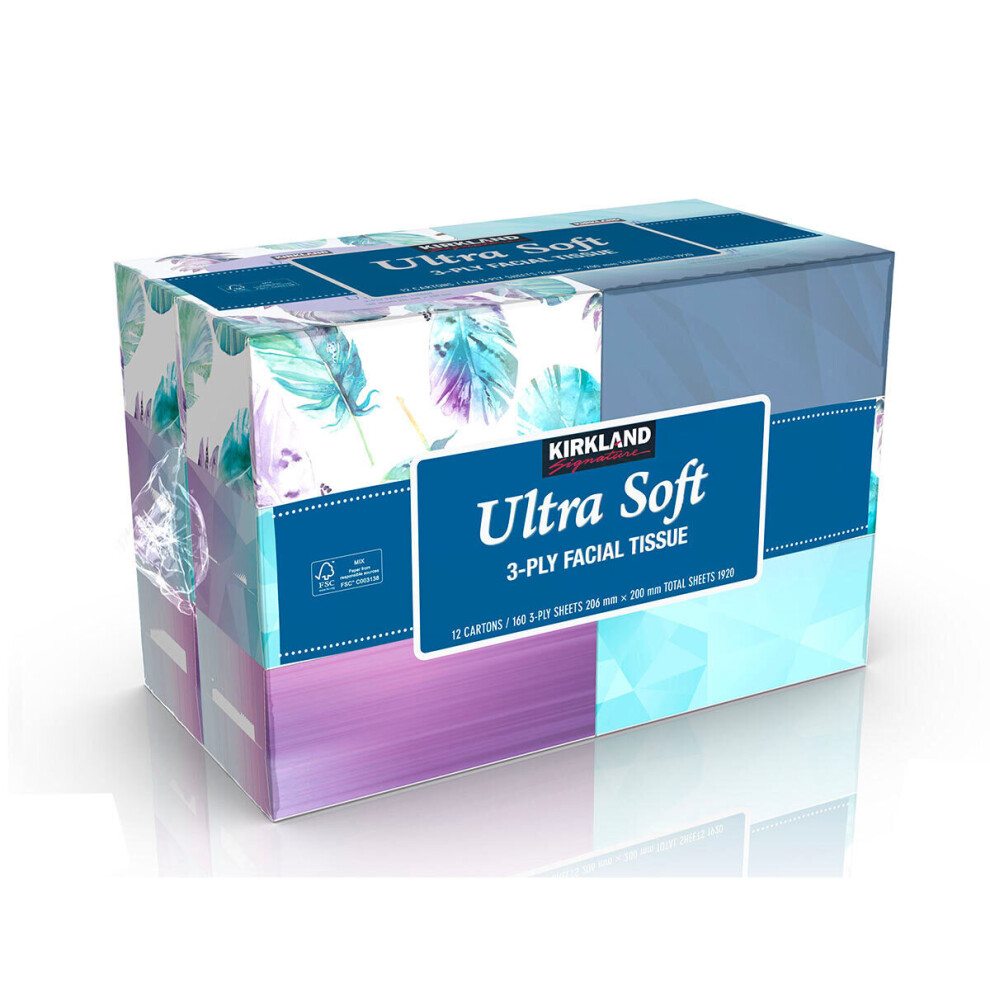 Kirkland Signature Premium 3-Ply Facial Tissues - Ultra-Soft, Strong & Absorbent, 12 X 160 Sheets