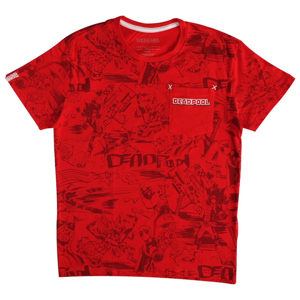 (Red, L) Deadpool T Shirt - Men's - Graffiti All Over Print