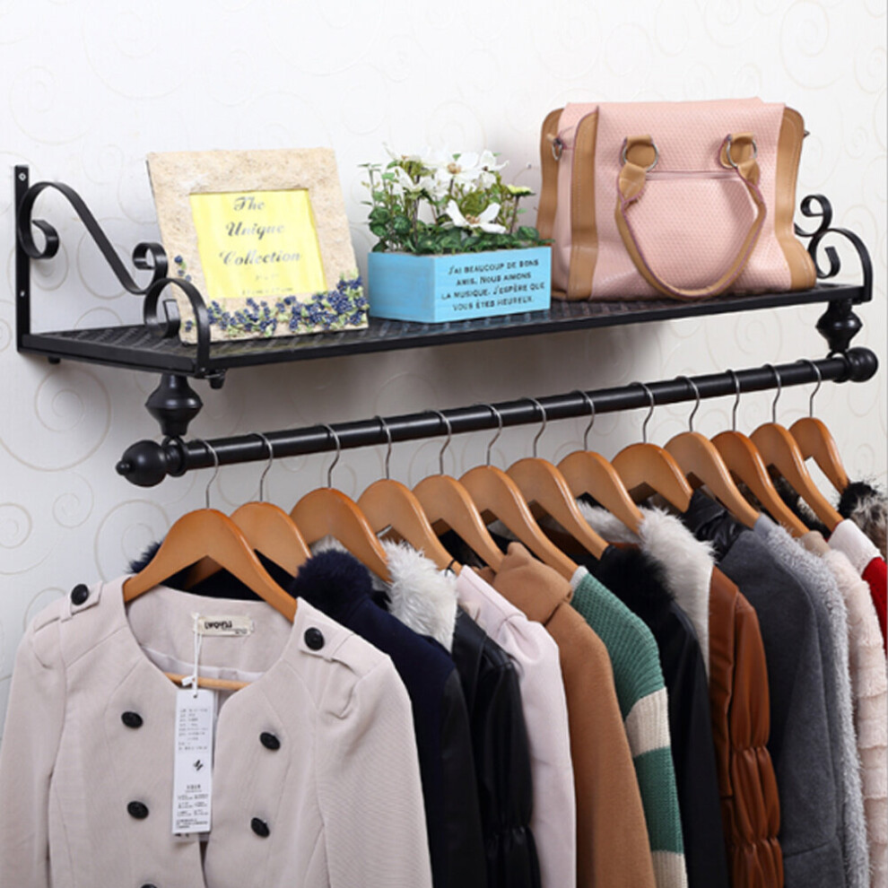 (Black, 60cm) Wardrobe Clothes Rail Shelf Wall Mounted Garment Rack Hanging Bar