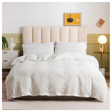 (White, Double) Seersucker Stripe Textured Duvet Cover Sets, Solid Color Soft Bedding Sets with Zipper Closure and Corner Ties