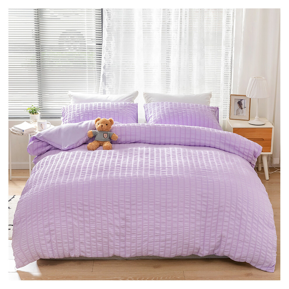 (Purple, Super-King) Seersucker Stripe Textured Duvet Cover Sets, Solid Color Soft  Bedding Sets with Zipper Closure and Corner Ties