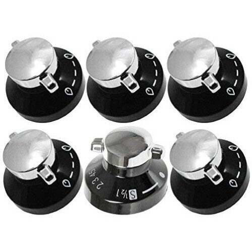 NEW WORLD Oven Knob 600SIDLM 444441153 Gas Hob Cooker Knob Control Switches (Black / Silver, Pack of 6)