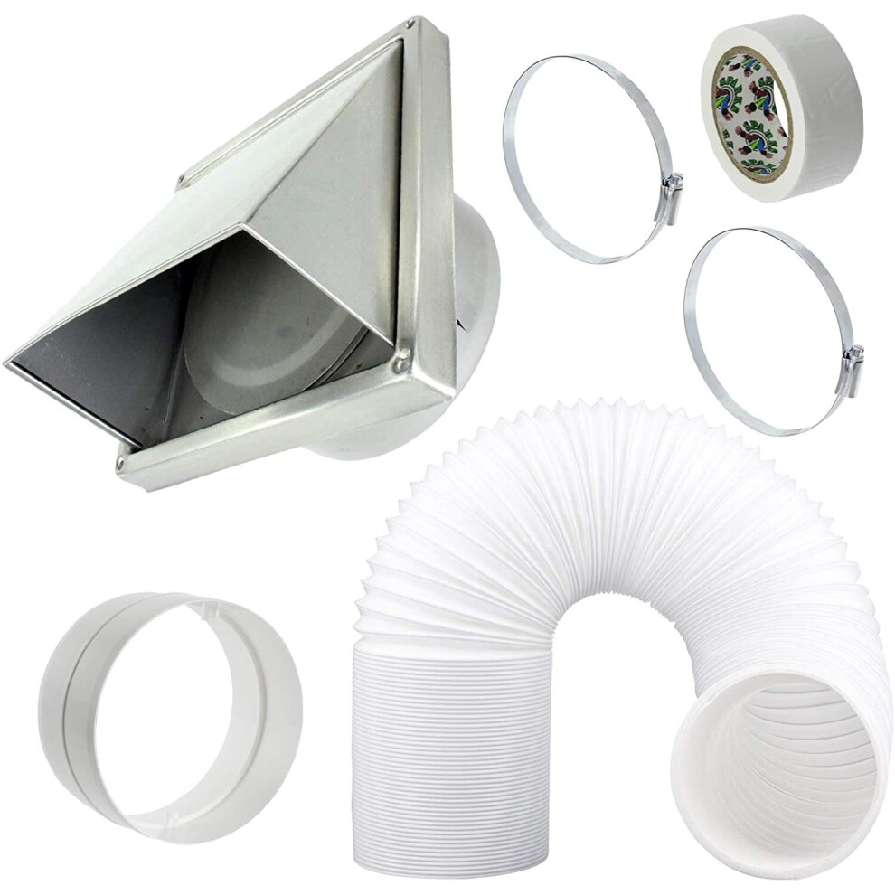 UNIVERSAL Cowled Exterior Wall Outlet Kit & Extension Hose for Vented Tumble Dryer (5" x 3m, Stainless Steel)