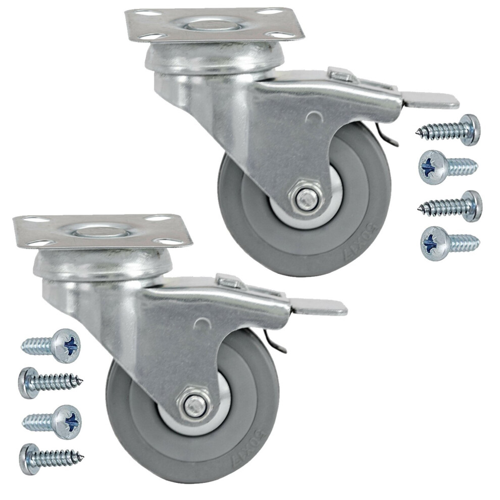 50mm Castor Wheel Trolley Furniture Swivel Caster Braked 2 x Wheels + Screws