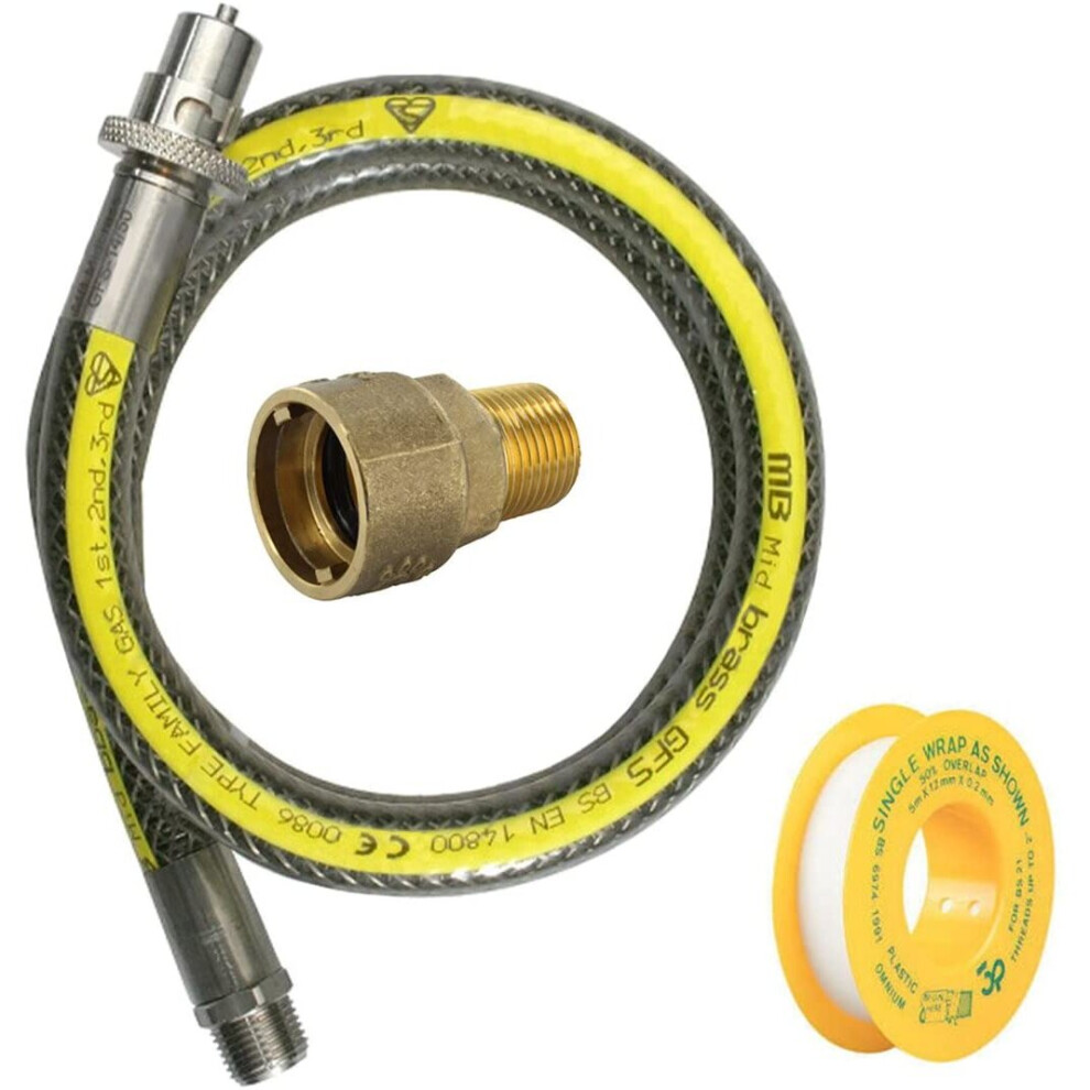 UNIVERSAL Oven Cooker Gas Supply Hose Pipe + PTFE Pipe Tape + Connector Joint (3ft 1/2 inch, Straight Bayonet, BS EN14800 CE)