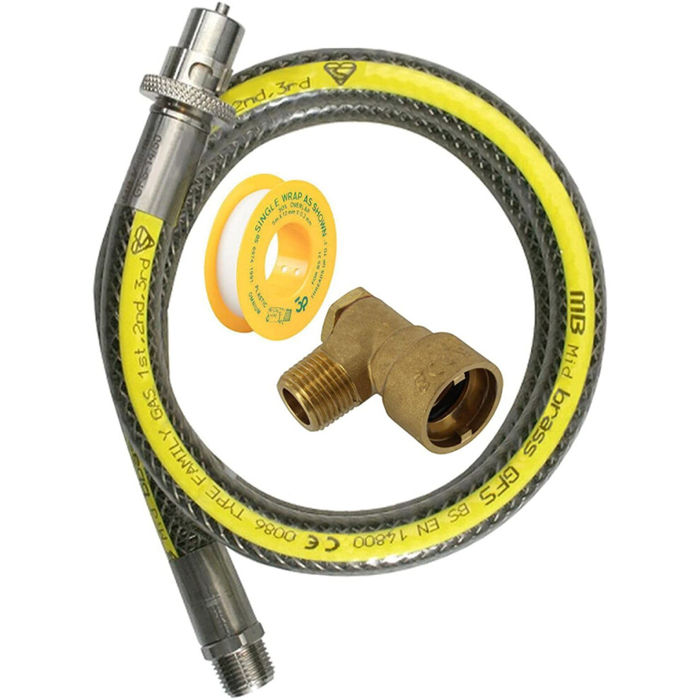 Spares2go Universal Oven Cooker Gas Supply Hose Pipe + Ptfe Pipe Tape + Angled Connector (3Ft 1/2 Inch, Straight Bayonet, Bs En14800 Ce)