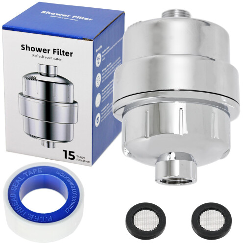SPARES2GO UNIVERSAL Shower Head Filter Chrome Steel Effect Hard Water Purifier Softener