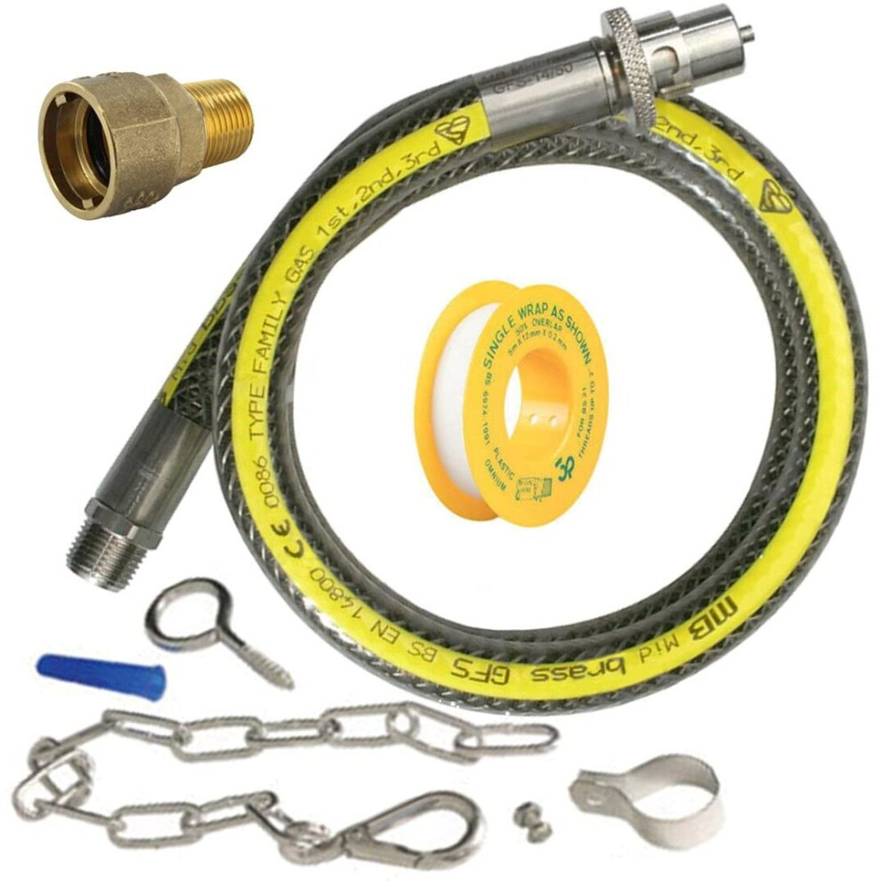 UNIVERSAL Oven Cooker Gas Supply Hose Pipe + PTFE Tape + Safety Chain + Straight Connector Joint Kit (3ft 1/2 inch, Straight Bayonet, BS EN14800 CE)