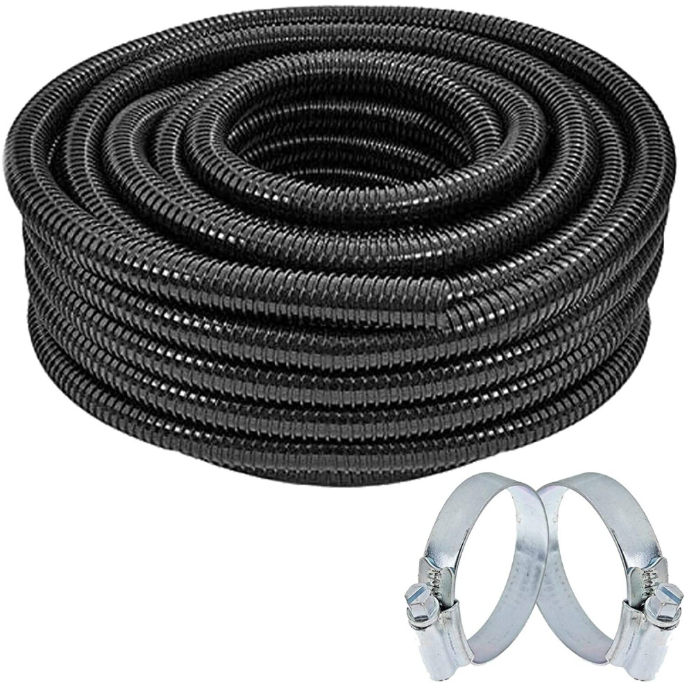 Universal Marine Pond Hose Flexi Pump Corrugated Pipe + 2 Clamp Clips (25mm, 10m)