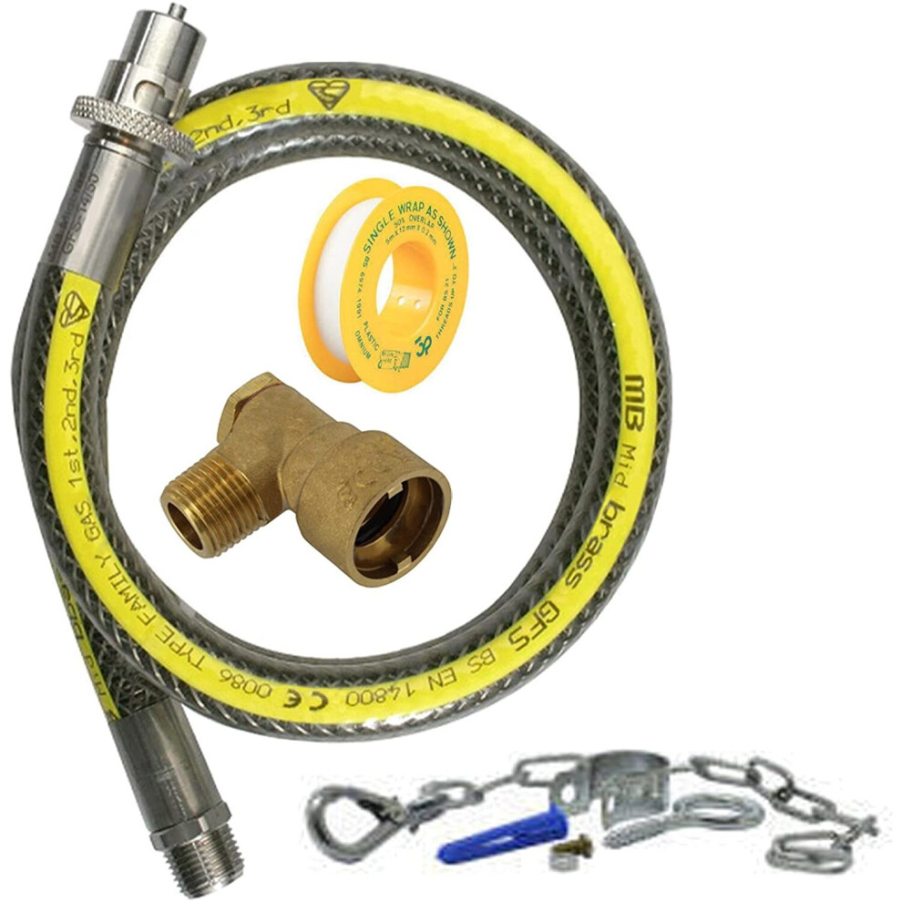 UNIVERSAL Oven Cooker Gas Supply Hose Pipe + PTFE Tape + Safety Chain + Angled Connector Kit (3ft 1/2 inch, Straight Bayonet, BS EN14800 CE)