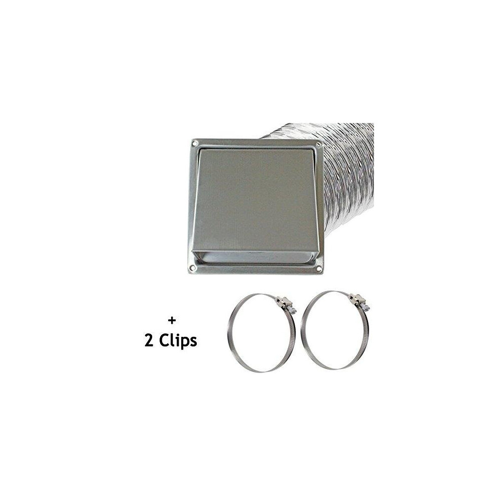 Stainless Steel Square Hood Cowl Vent 100mm + 5m Aluminium Vent Hose + 2 Clips