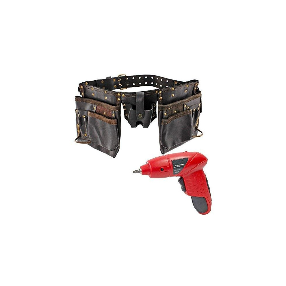 Double Leather Tool Belt 12 Pocket Pouch & Mini Cordless Rechargeable Electric 4.8v Screwdriver