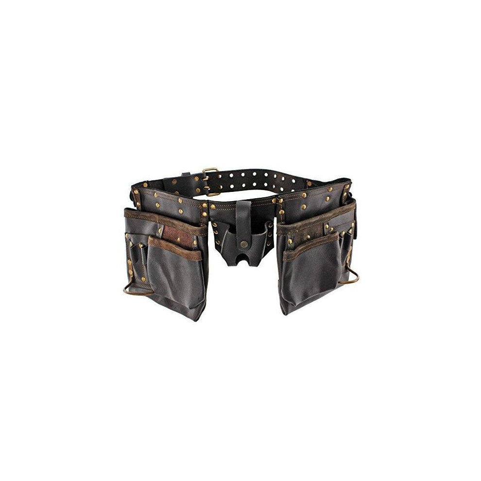 Spares2go Oil Tanned Double Leather Tool Belt 12 Pocket Joiners Nails Pouch