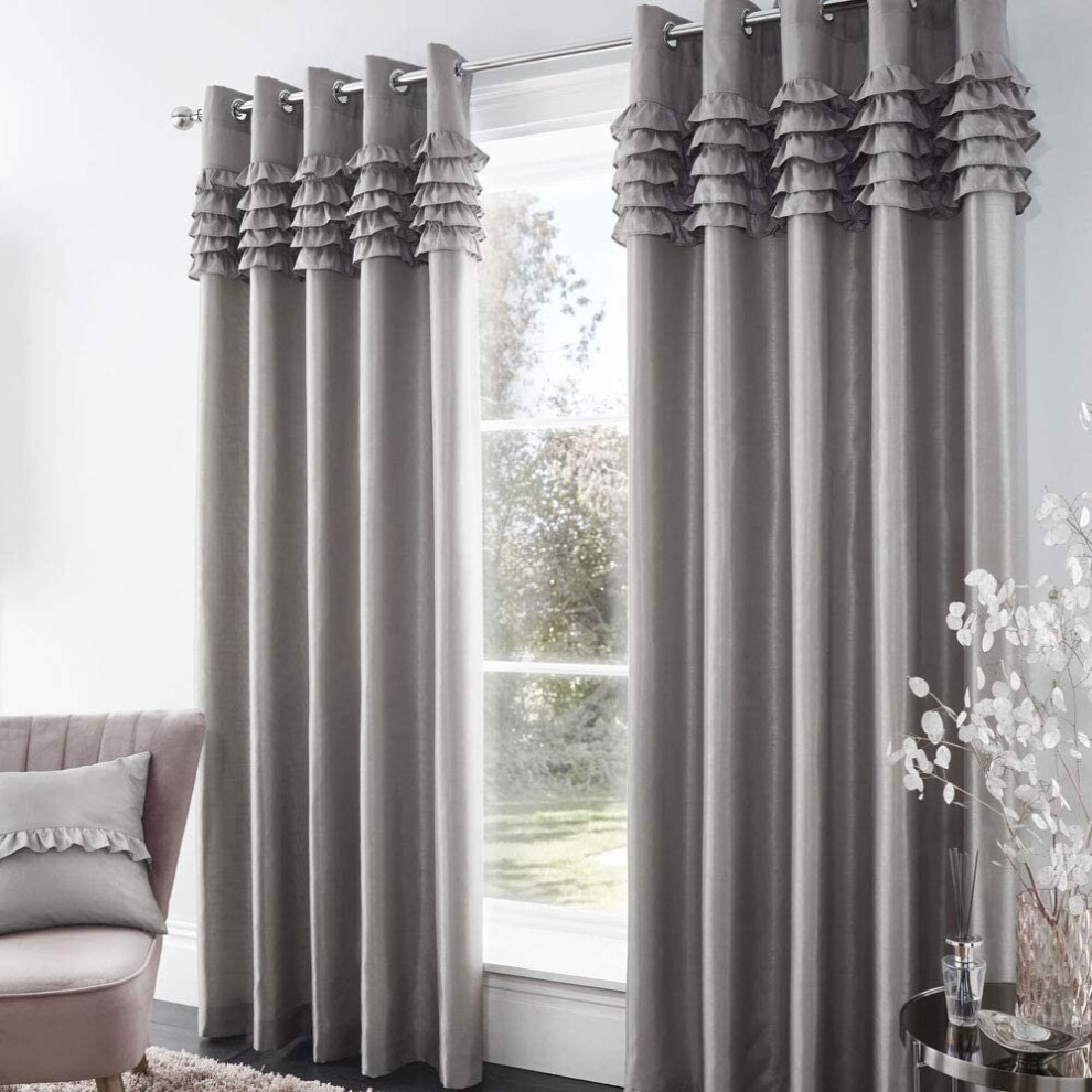 (90x90") Catherine Lansfield Flamenco Silver Grey Fully Lined Eyelet Ring Top Curtains