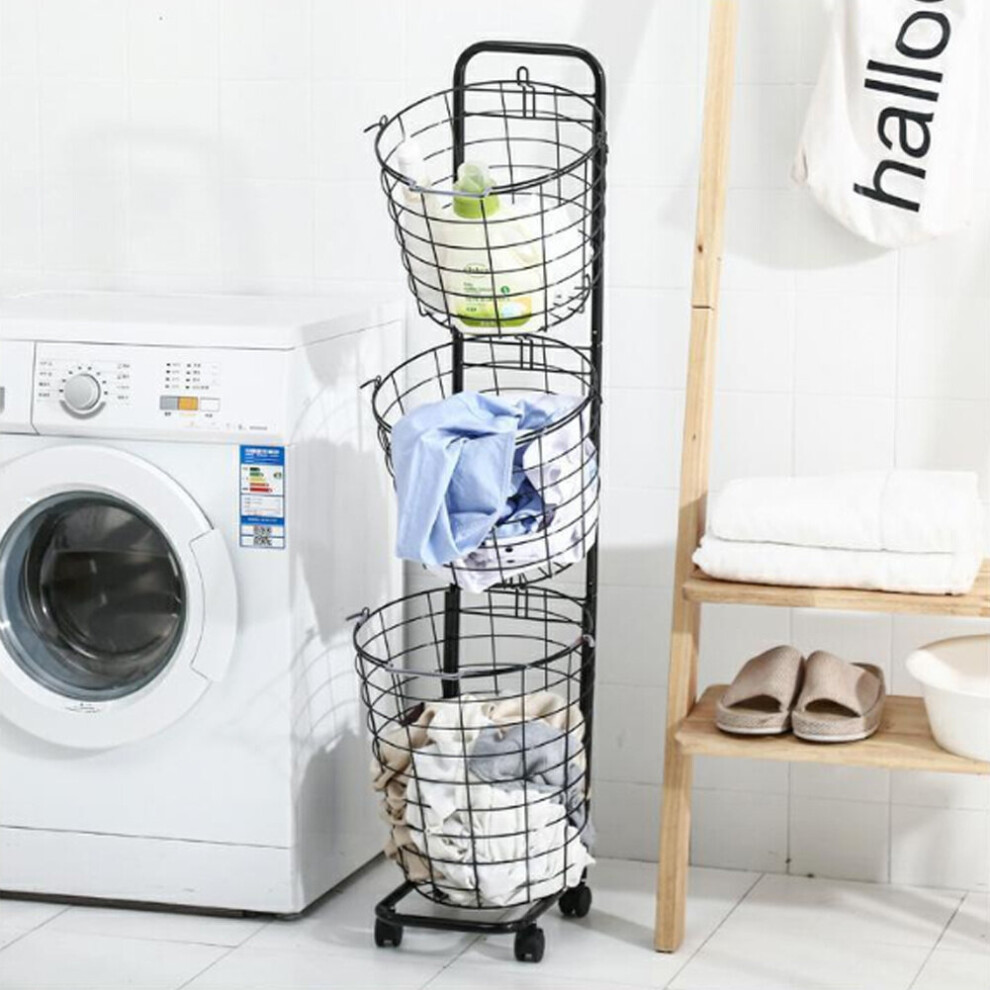 (Black, 3 Tier) Baskets Bathroom Laundry Basket Trolley Clothes Storage Hampers w/ Wheels