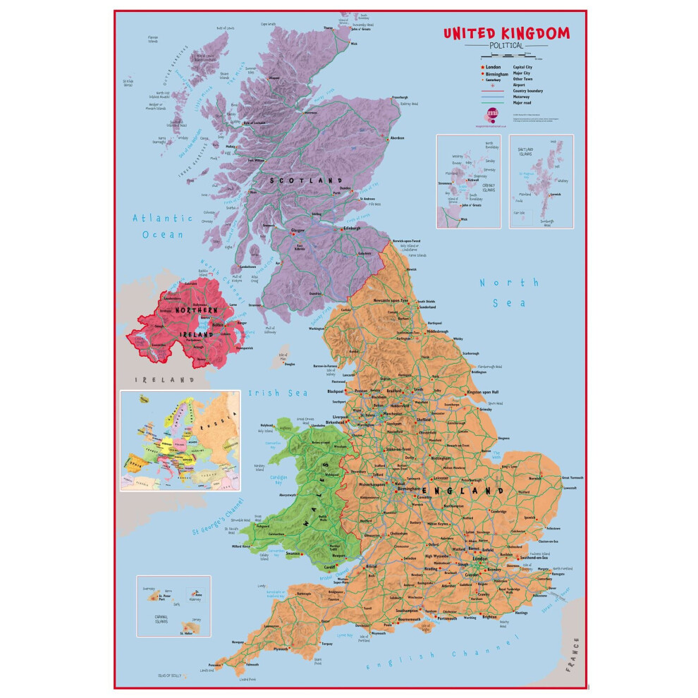 (115.3 cm x 163.2 cm, Laminated) Primary UK Wall Map Political