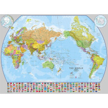 Large World Pacific-centred Wall Map with flags (Laminated)