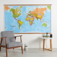 (197 cm x 122.5 cm, Wooden Hanging Bars) Political World Map Poster