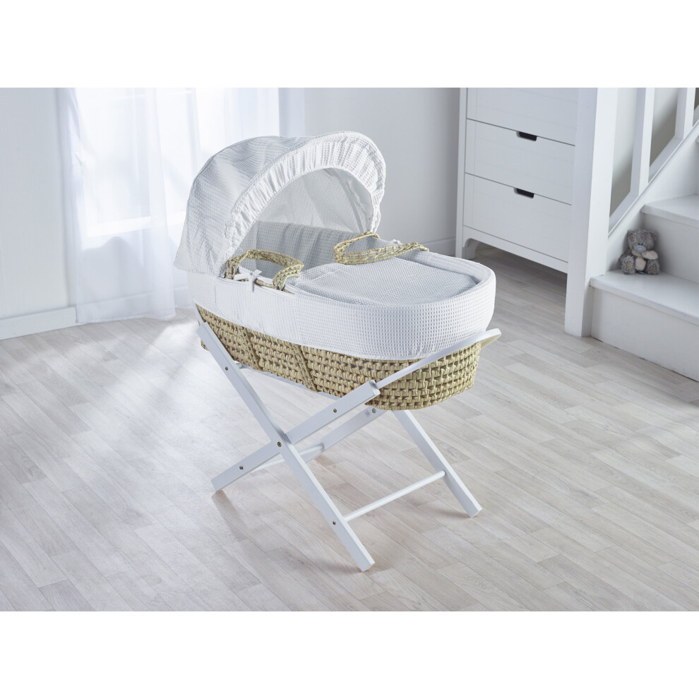 White Waffle Palm Moses Basket with Folding Stand - Opal White